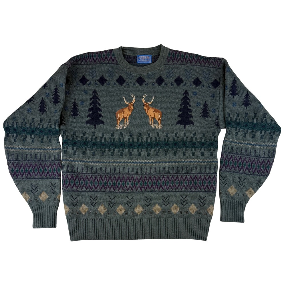 Pendleton Sweater Mens L Grey Fair Isle Virgin Wool Embroidered Buck Deer USA